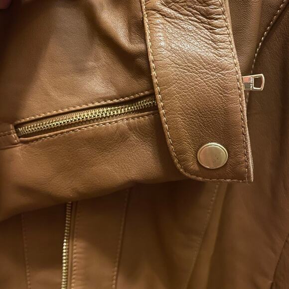 Cole Haan L Genuine Lambskin Leather Moto Jacket | Caramel Brown, Gold Zippers - Picture 8 of 11